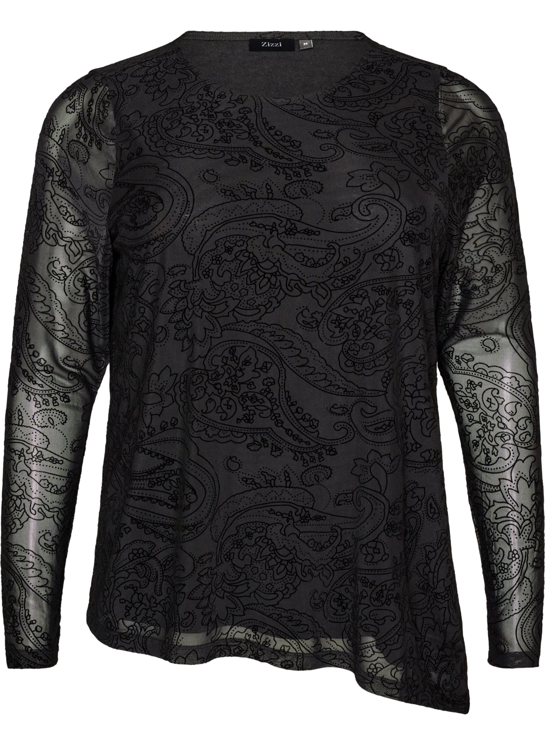 ZizziBlus i mesh med paisleym&ouml;nster och asymmetrisk nederkant, Svart, Packshot image number 0
