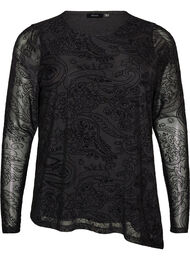 Blus i mesh med paisleym&ouml;nster och asymmetrisk nederkant, Svart