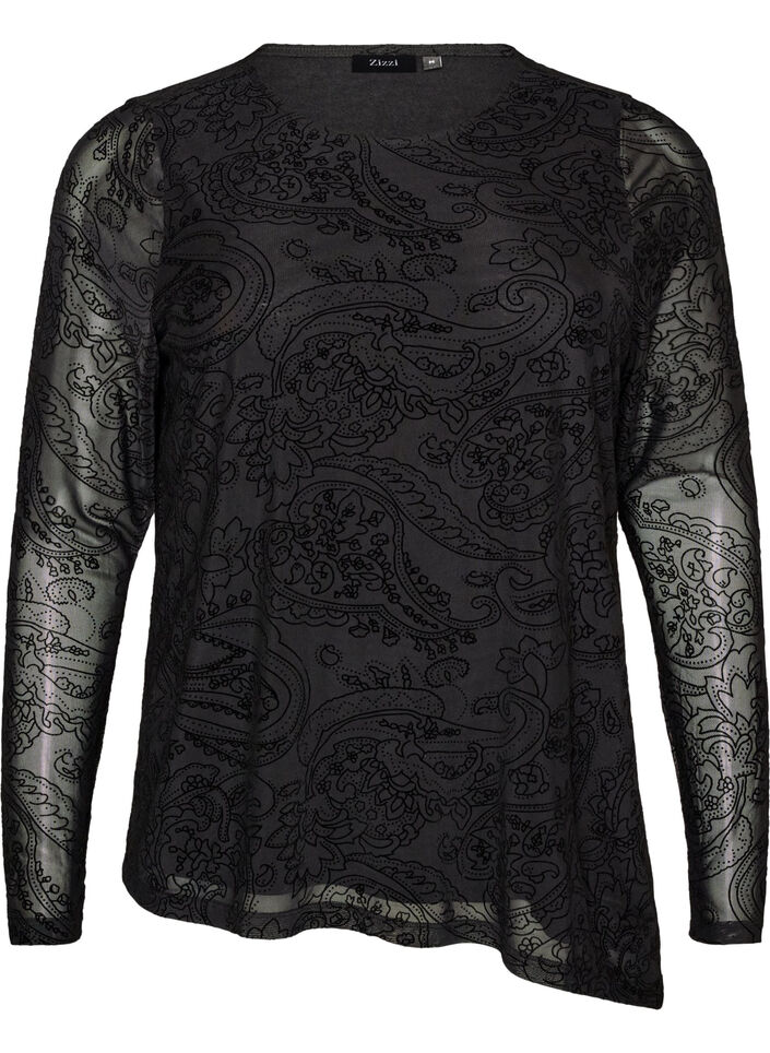 Blus i mesh med paisleym&ouml;nster och asymmetrisk nederkant, Svart, Packshot image number 0