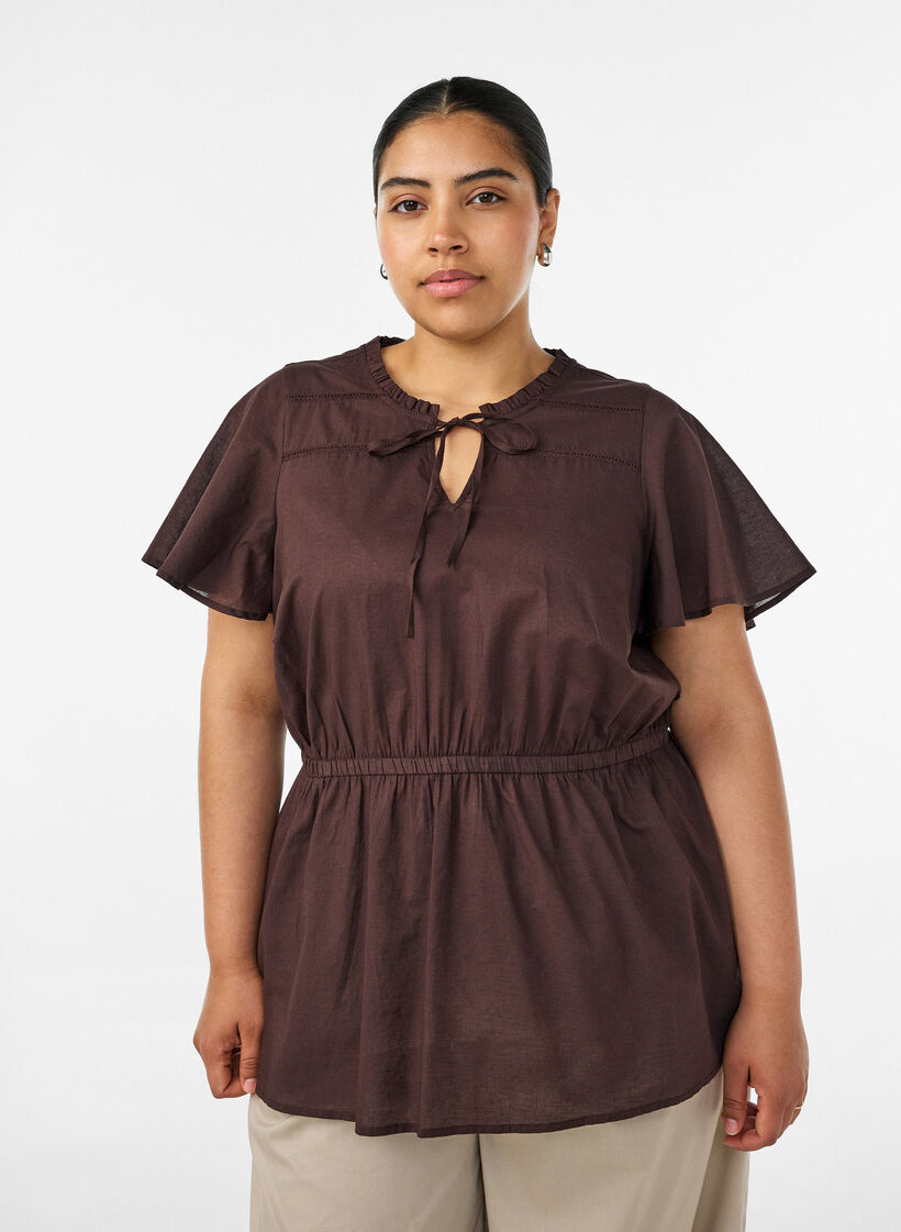Blus i bomull med knytband och res&aring;r i midjan, Brun, Model image number 0