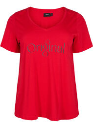 V-ringad t-shirt i bomull med texttryck, Tango Red ORI