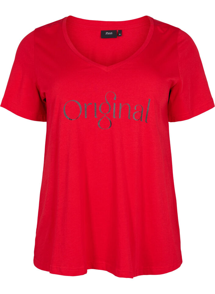 V-ringad t-shirt i bomull med texttryck, Tango Red ORI, Packshot image number 0