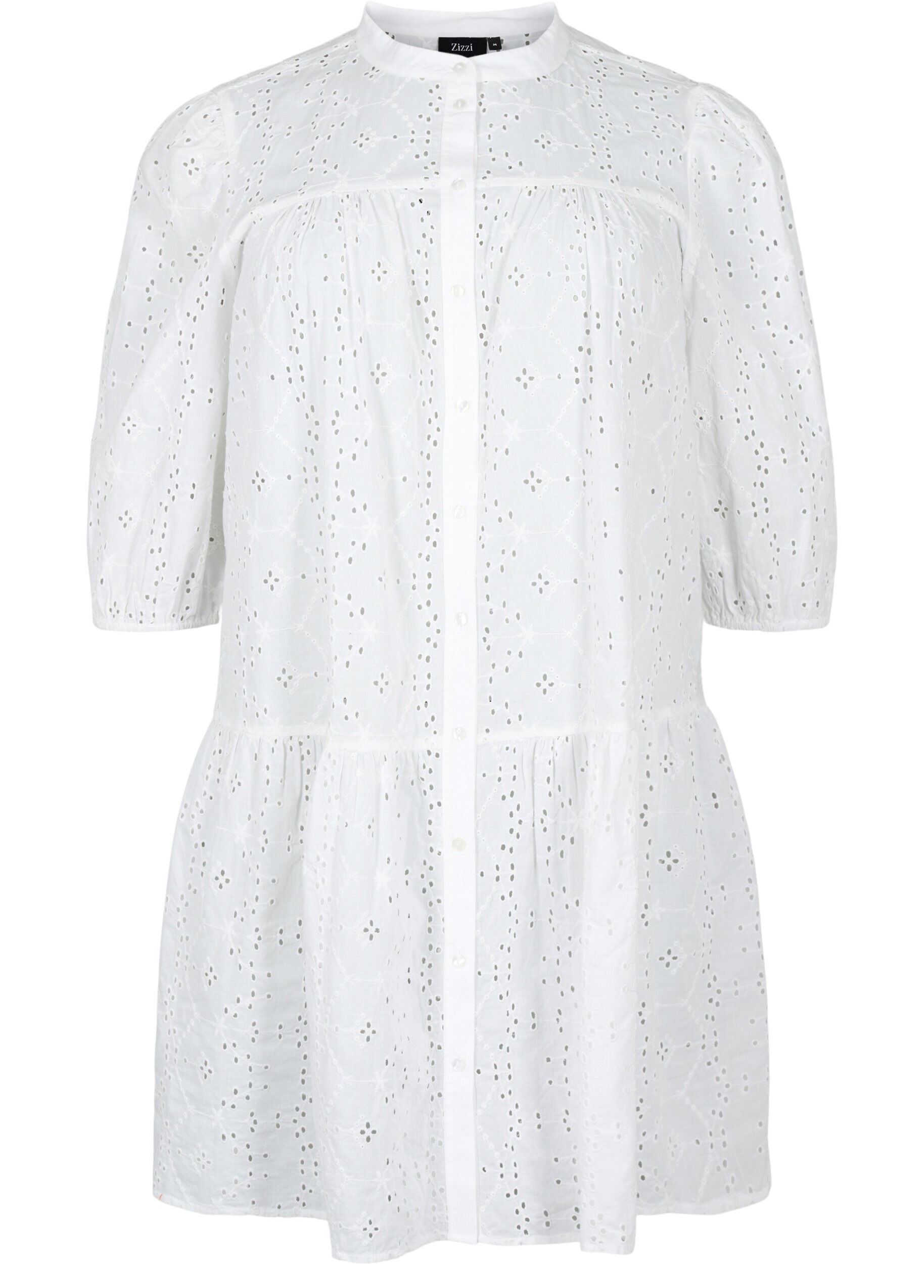 Zizzi Skjortkl&auml;nning i bomull med anglaise-broderier, Bright White, Packshot image number 0