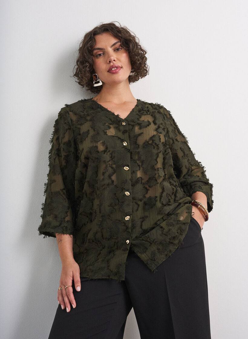 Blus med fransiga tr&aring;dar och struktur, Gr&ouml;n, Model image number 0