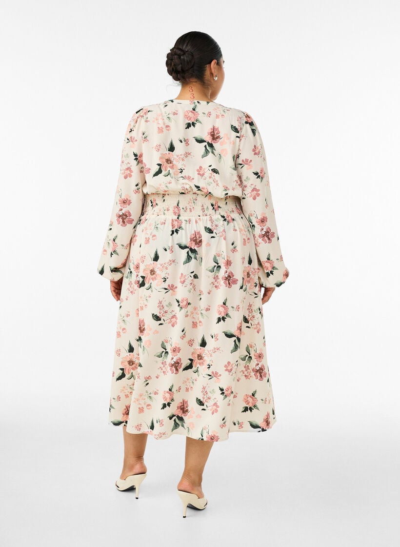 Midikl&auml;nning med smock och dekorativa knappar, Beige, Model image number 1