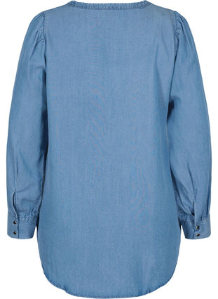 Långärmad skjorta med v-ringad hals och volanger, Blue denim, Packshot image number 1