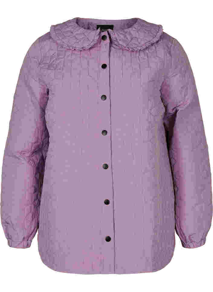 Quiltad jacka med krage och volangkant, Lavender Mist, Packshot image number 0