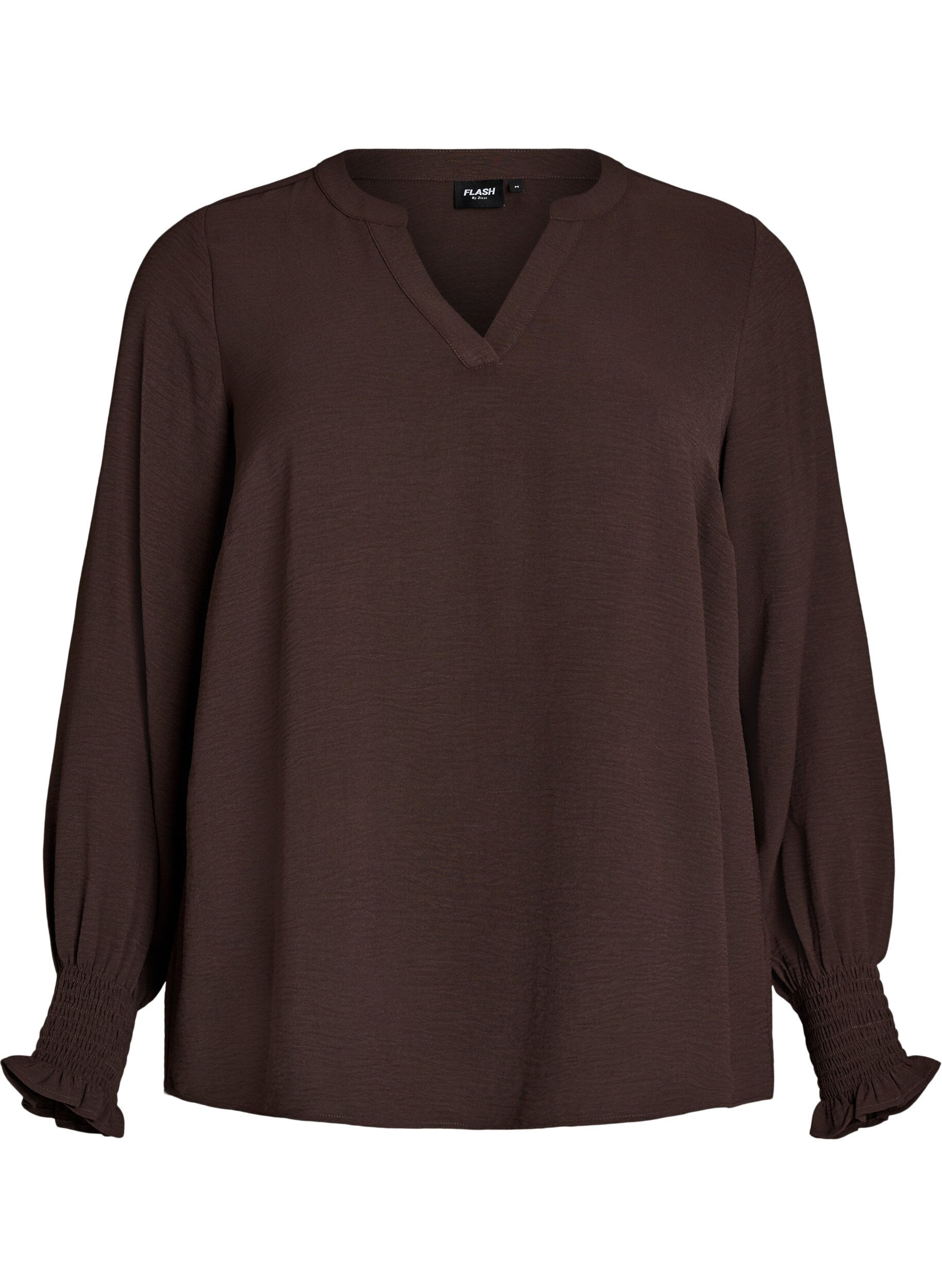 FLASH - Blus med smockade manschetter och v-ringning