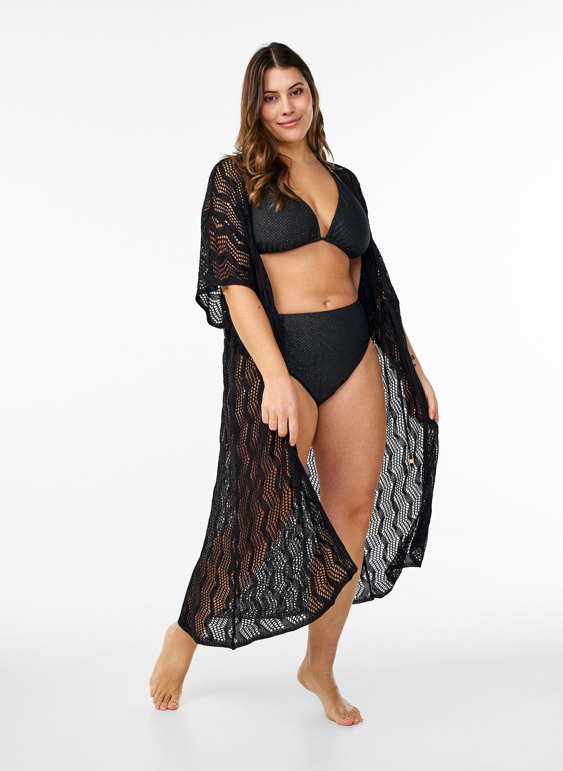Zizzi Strandkimono med knytsk&auml;rp, Svart, Model image number 0