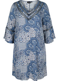 Viskosklänning med 3/4 ärmar och tryck, Asian Blue print