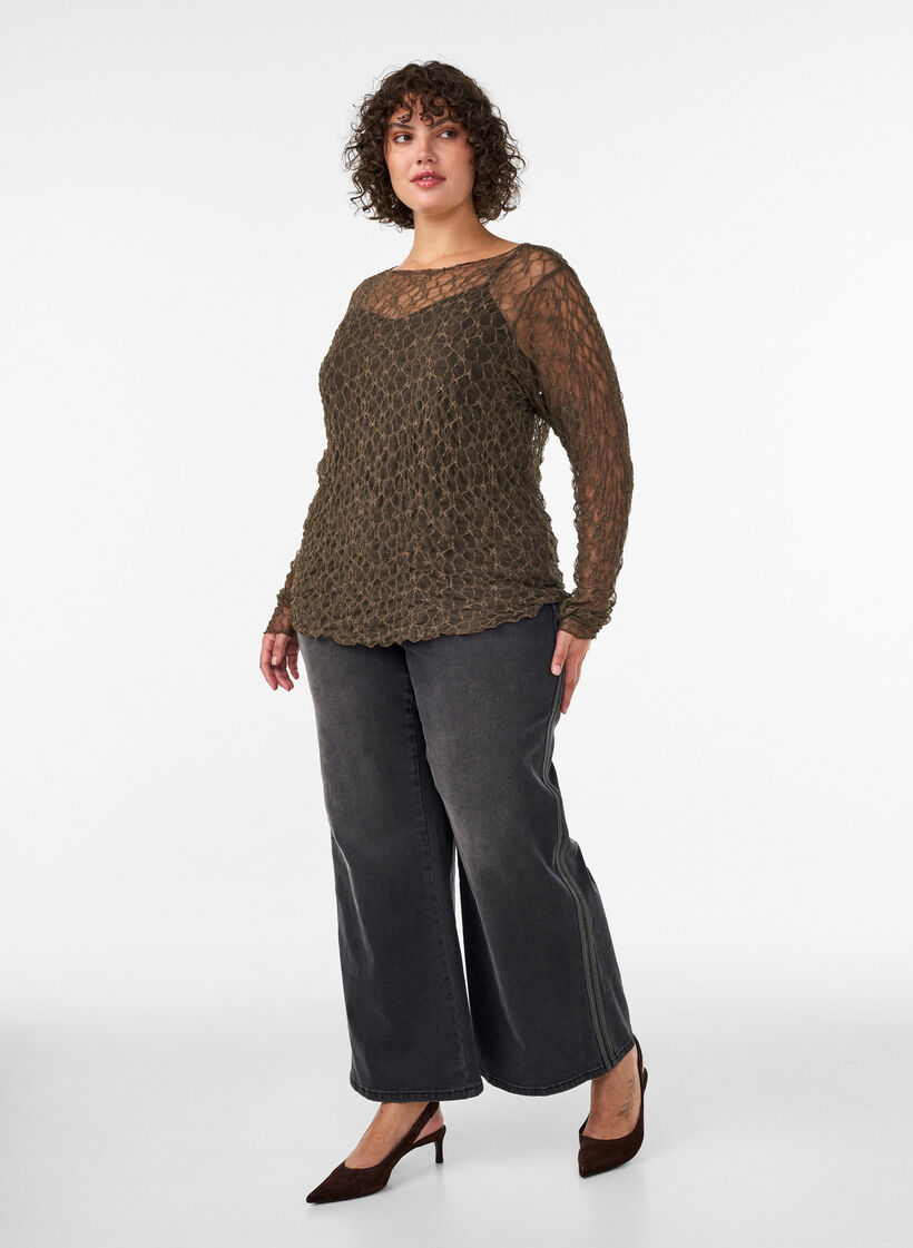 Blus i mesh med m&ouml;nster och glittertr&aring;d, Brun, Model image number 1