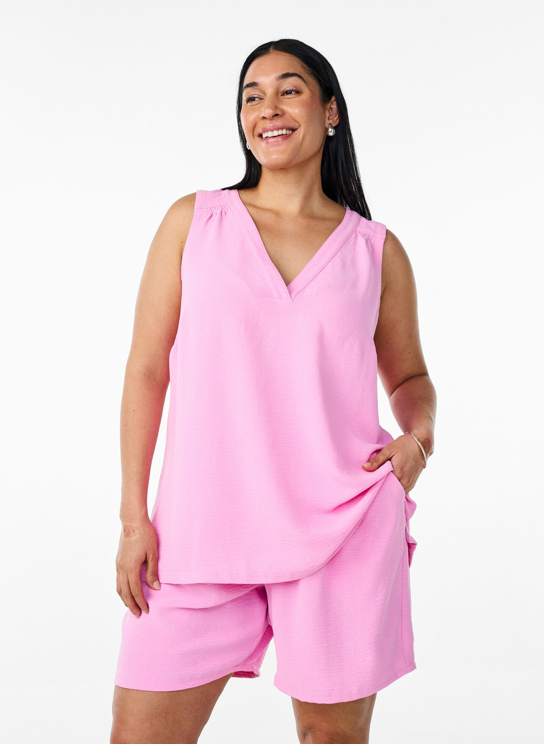Zizzi&Auml;rml&ouml;s topp med rynkdetaljer, Rosa, Model image number 0