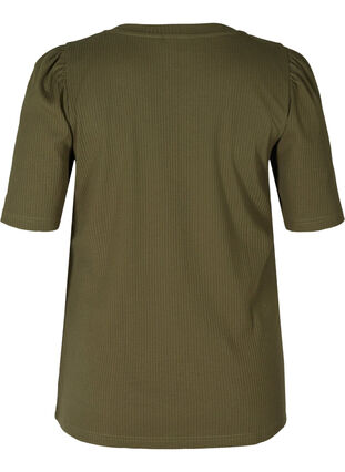 Ribbad t-shirt med korta puffärmar, Ivy Green, Packshot image number 1