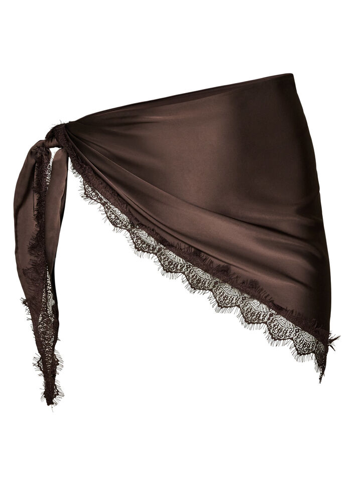 Sjal i satin med spetskant, Brun, Packshot image number 0