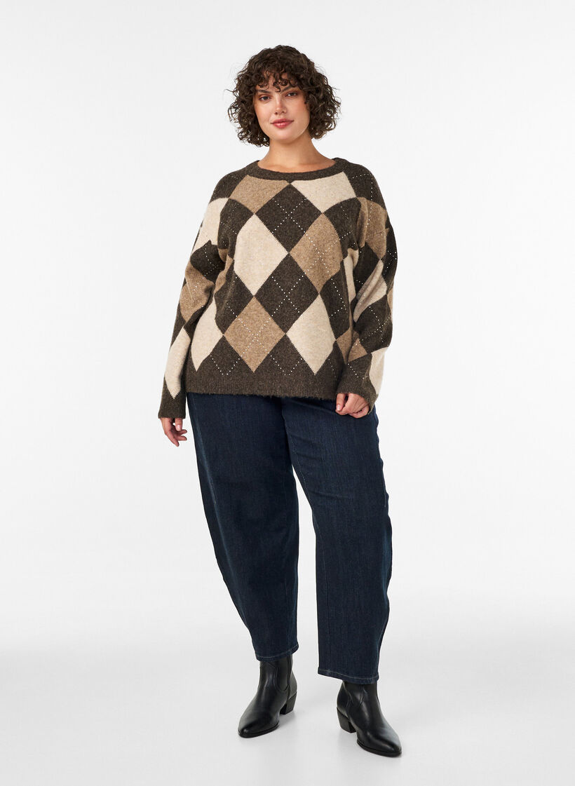 Stickad topp med argylem&ouml;nster och strasstenar, Brun, Model image number 1