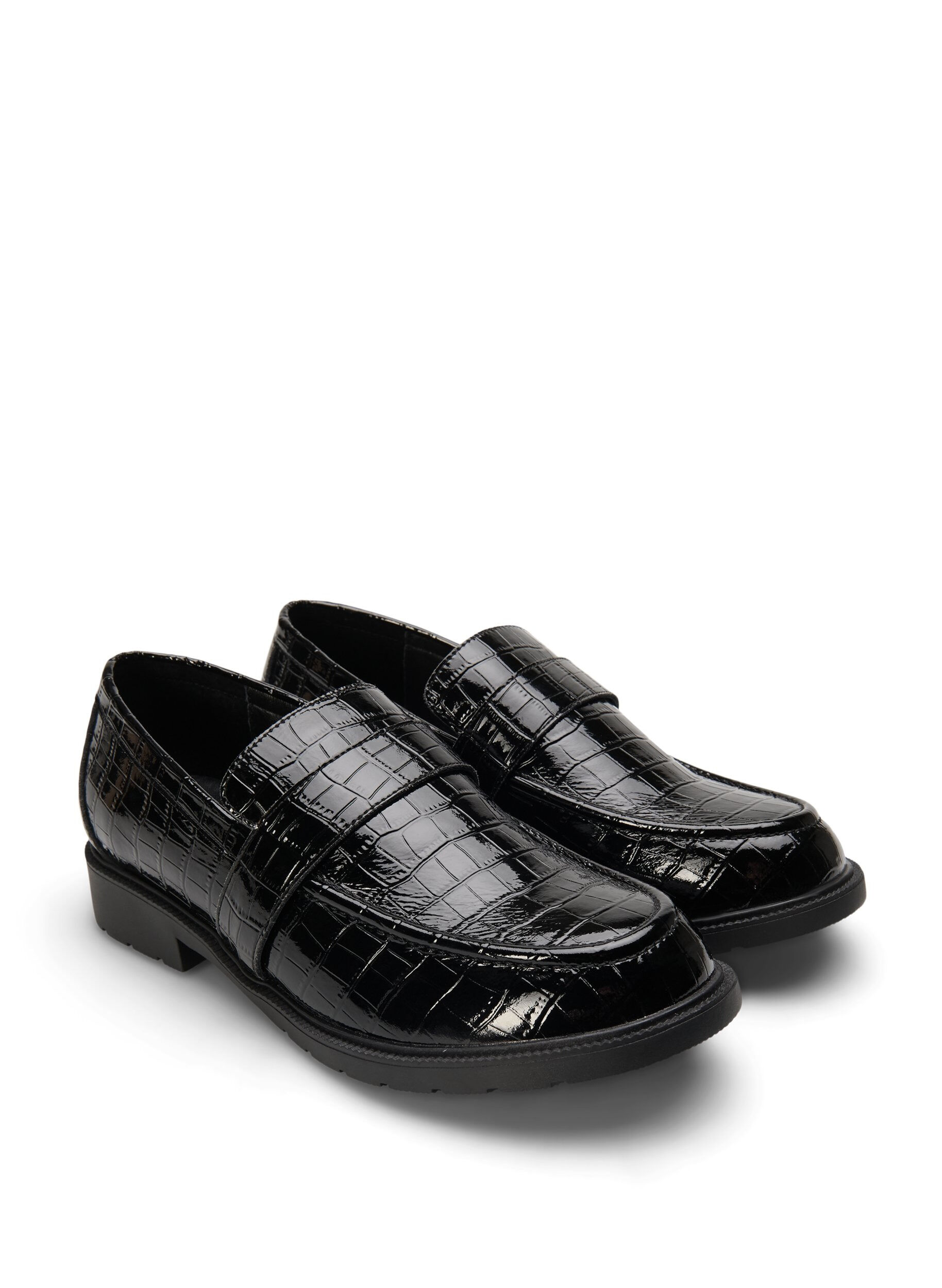 Zizzi Croco-loafers i l&auml;der med bred passform, Black, Packshot image number 1