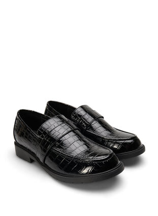 Croco-loafers i läder med bred passform, Black, Packshot image number 1