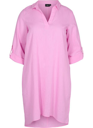 Randig klänning i bomull och linne, Begonia Pink, Packshot image number 0