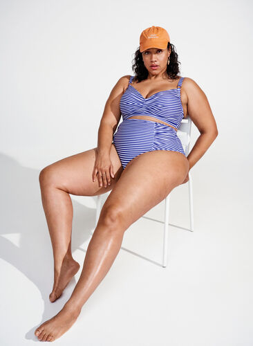 Blommig bikinitrosa med hög midja, Blue Striped, Image image number 0