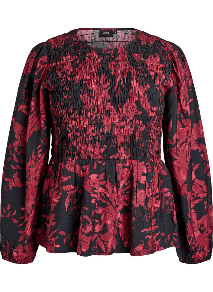 Blus med smock och l&aring;nga &auml;rmar, Svart, Packshot image number 0