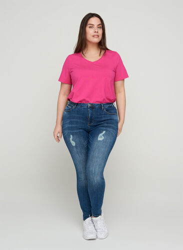 Amy Jeans med slitna detaljer, Blue denim, Model image number 0