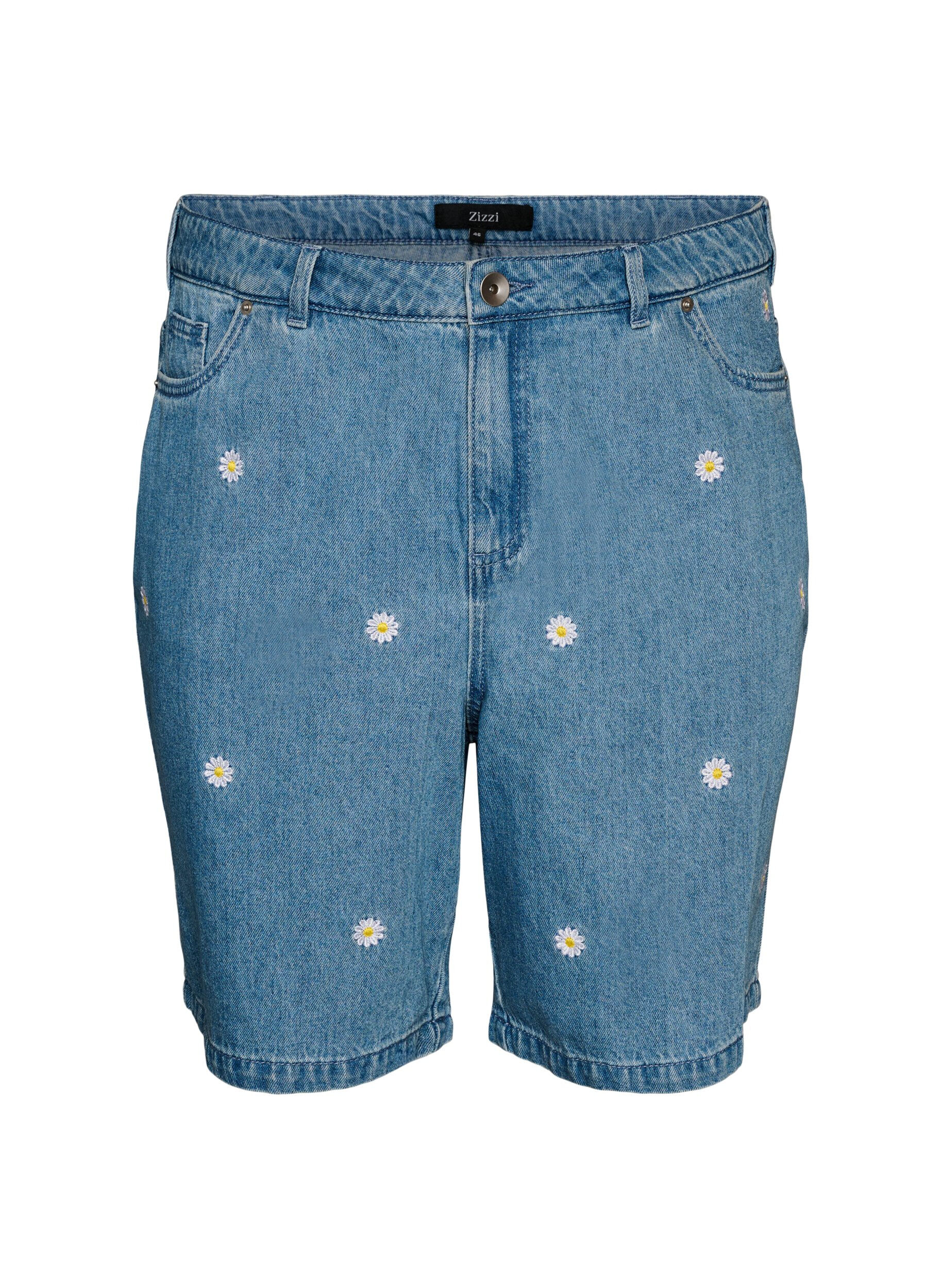 Zizzi Jeansshorts med h&ouml;g midja och blombroderi, Bl&aring;, Packshot image number 0