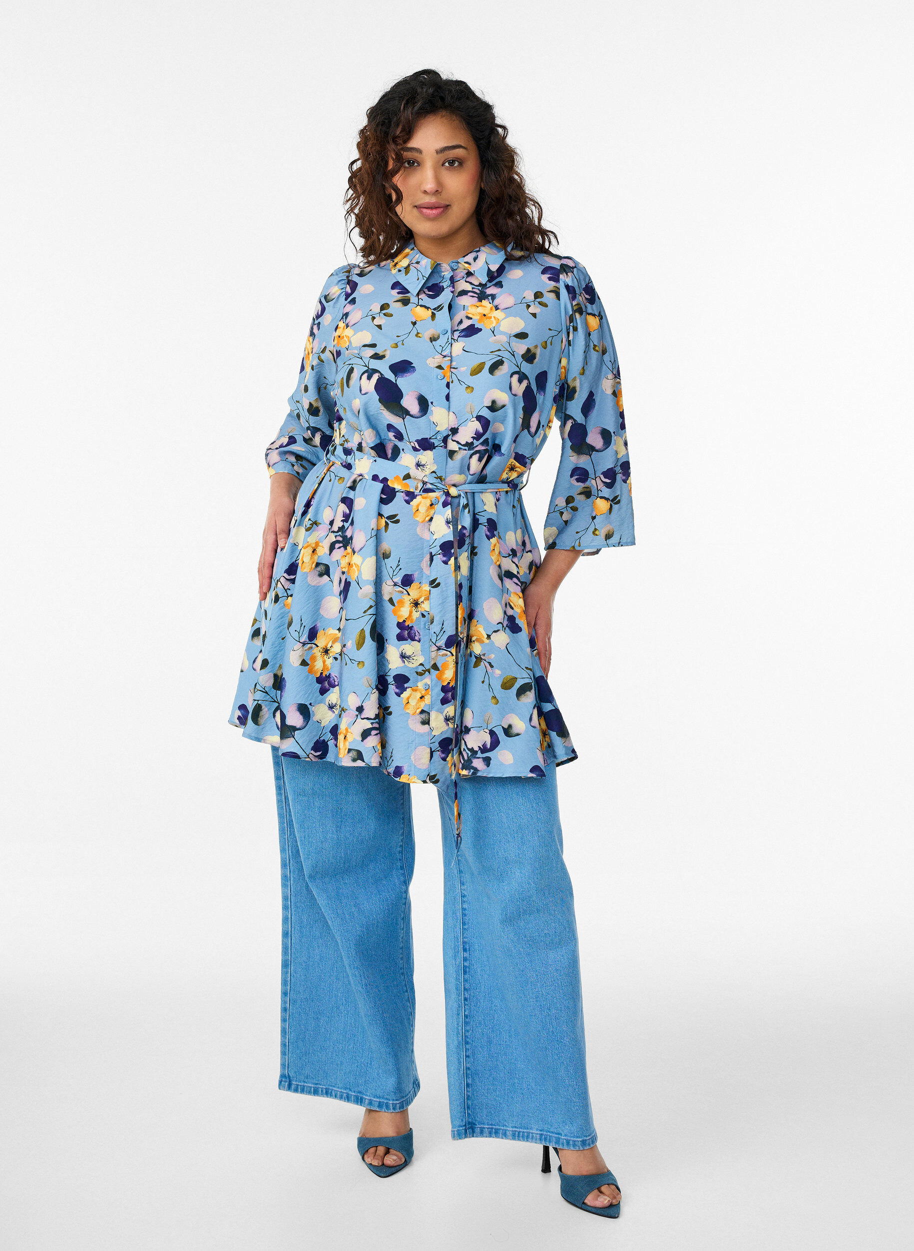 Zizzi M&ouml;nstrad tunika med knytsk&auml;rp och 3/4-&auml;rmar, Bl&aring;, Model image number 1