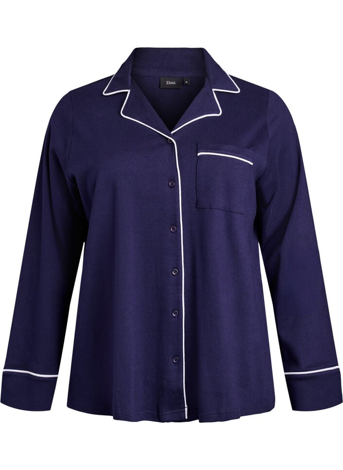 Pyjamasskjorta i bomull med br&ouml;stficka, Bl&aring;, Packshot image number 0