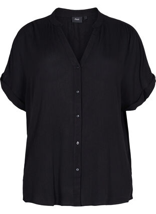 Kortärmad viskosskjorta med v-ringning, Black, Packshot image number 0