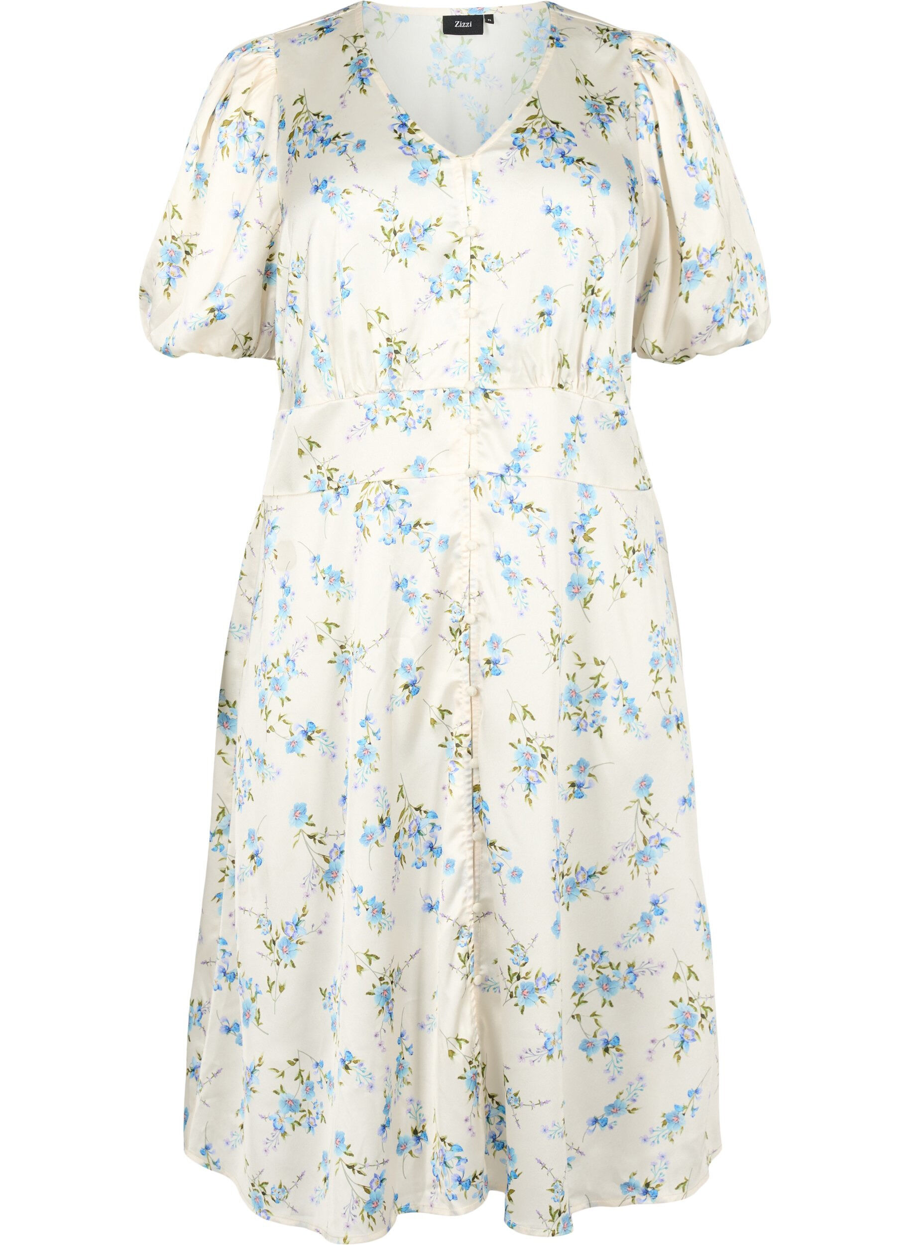 Zizzi Blommig satinkl&auml;nning med puff&auml;rmar, Off White Blue Fl., Packshot image number 0