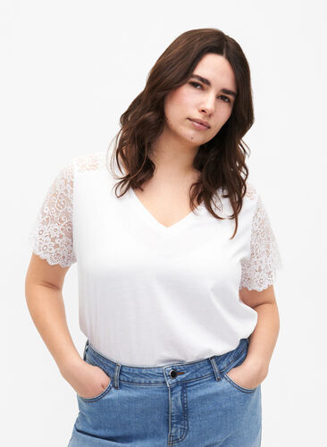 T-shirt i bomull med korta ärmar i spets, Bright White, Model image number 0