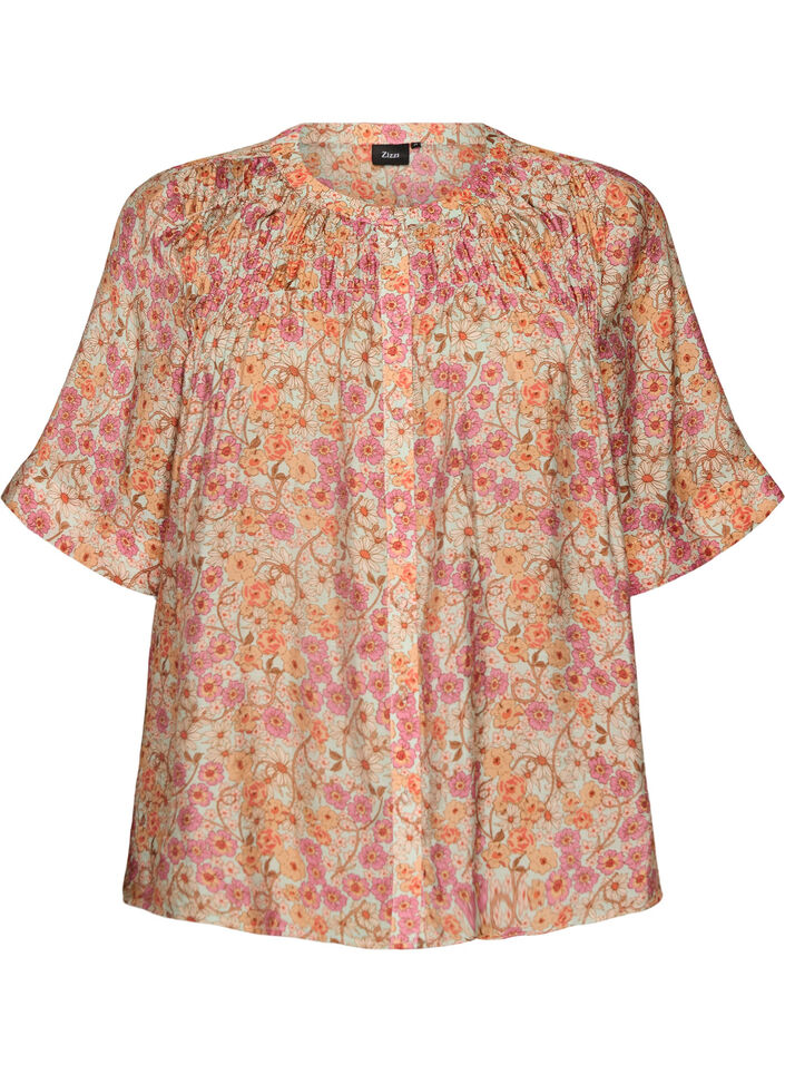 Blus i viskos med blomstertryck, Orange, Packshot image number 0