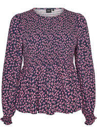 Blus med smock upptill och blommigt m&ouml;nster, Bl&aring;