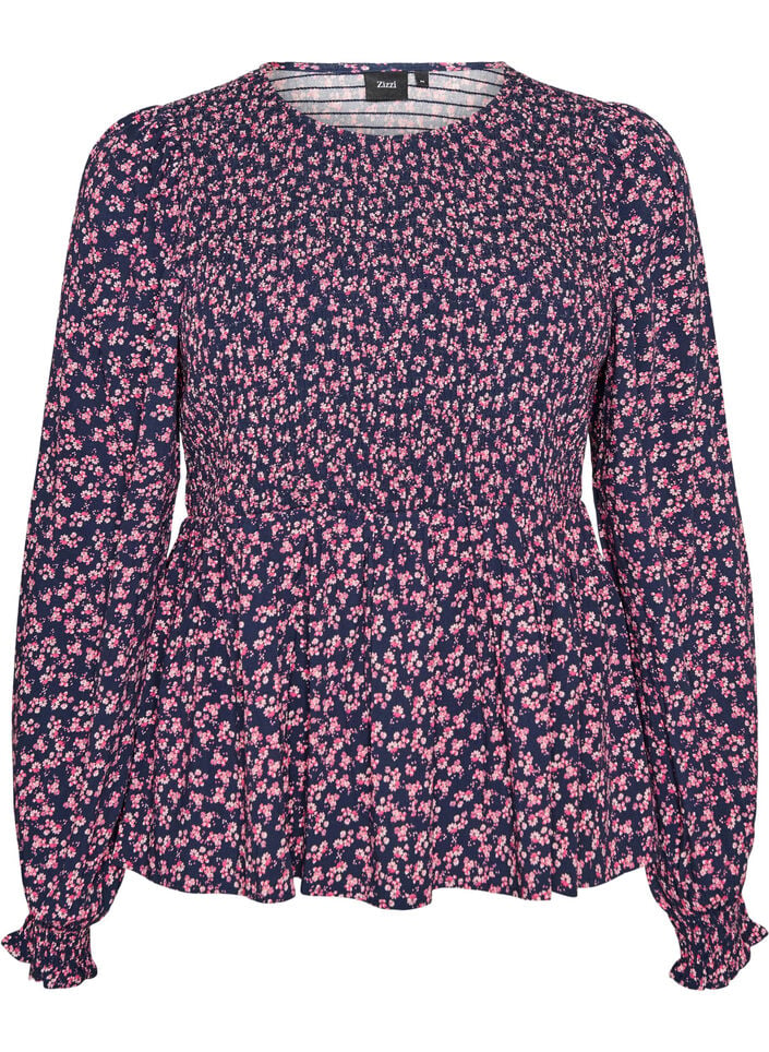 Blus med smock upptill och blommigt m&ouml;nster, Bl&aring;, Packshot image number 0