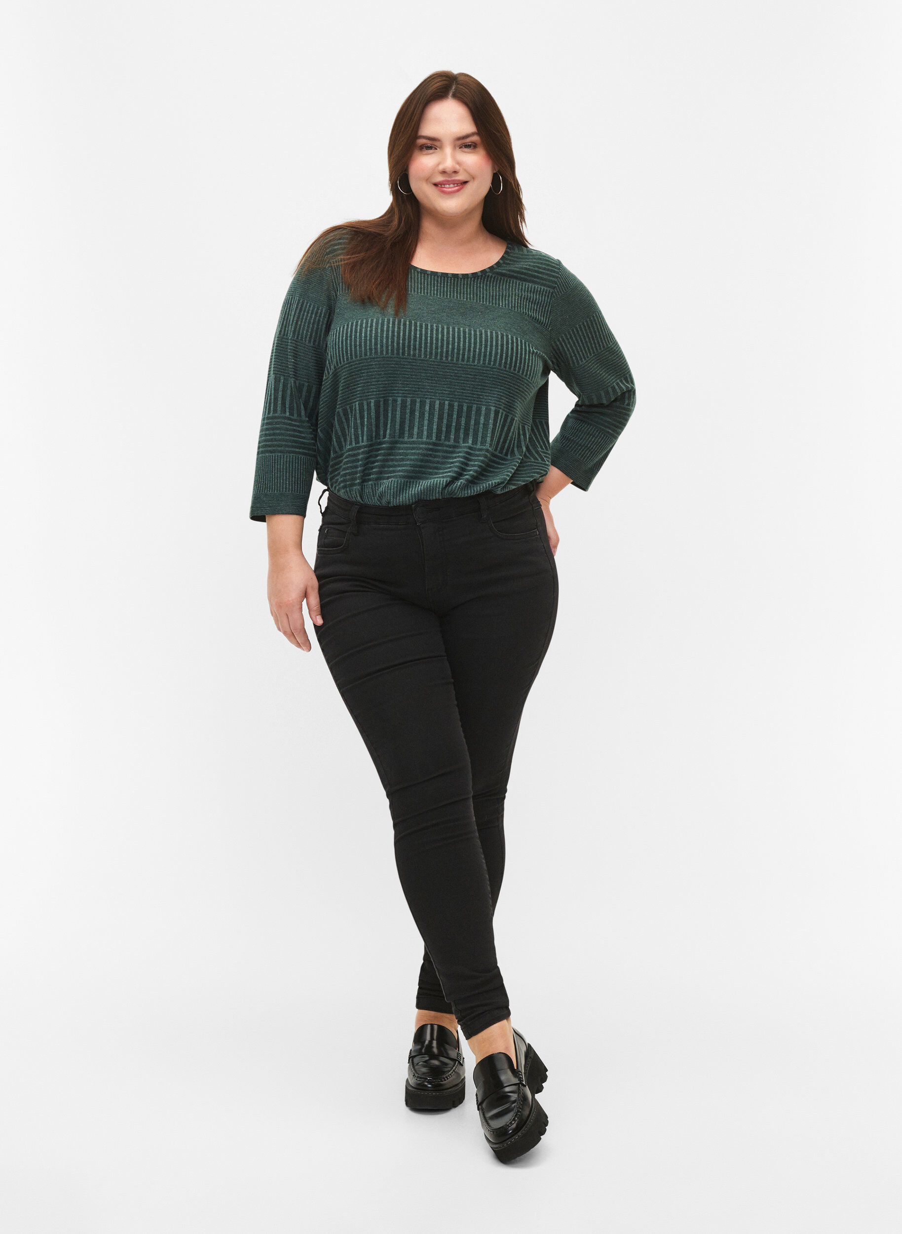 Zizzi Blus med trekvarts&auml;rm och randigt m&ouml;nster, Scarab Melange, Model image number 2