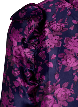 Blus i blommig jacquard med volangdetaljer, Dark Blue Pink, Packshot image number 3