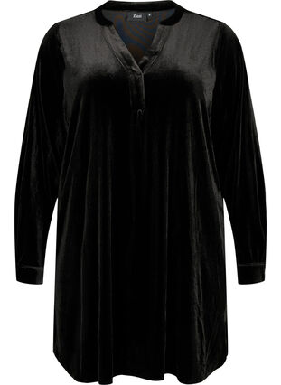 Långärmad klänning i velour med v-ringning, Black, Packshot image number 0