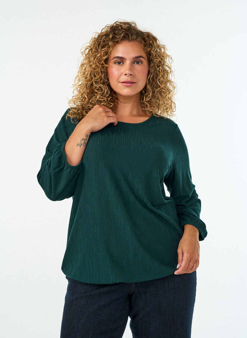 Blus med struktur och 3/4-&auml;rmar, Gr&ouml;n, Model image number 0
