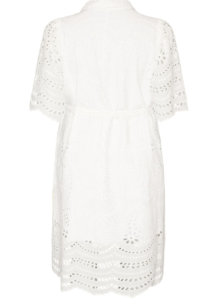 Skjortkl&auml;nning i broderie anglaise med knytb&auml;lte, Vit, Packshot image number 1