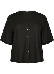 Blus med ribbad struktur och kn&auml;ppning, Svart