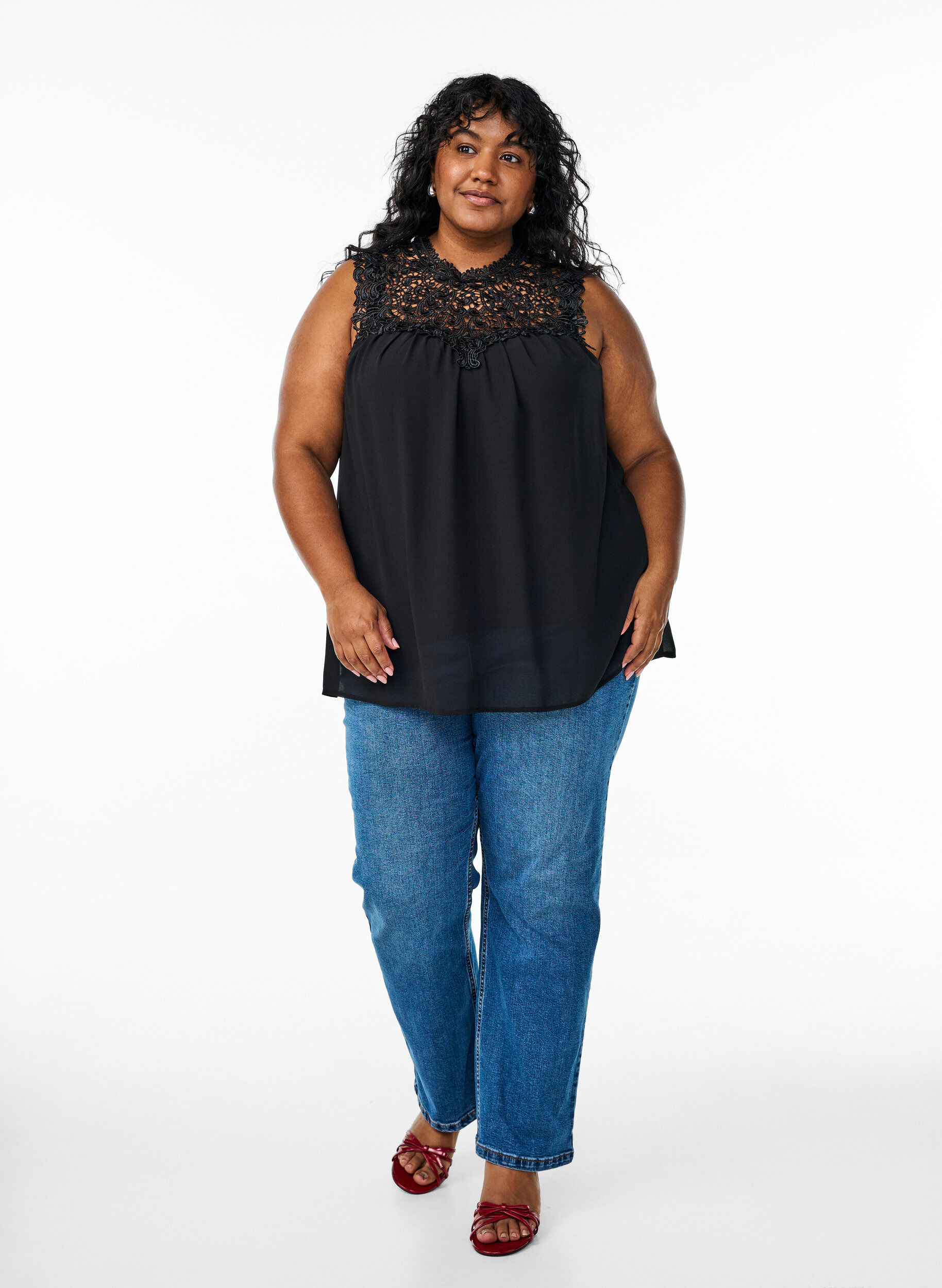 Zizzi &Auml;rml&ouml;s partytopp med virkade detaljer, Svart, Model image number 1