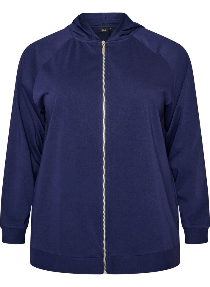 Kofta i sweatshirt material med huva och fickor, Bl&aring;, Packshot image number 0