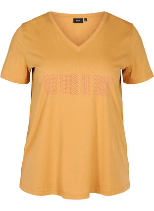 V-ringad t-shirt i bomull med tryck på bröstet, Apple Cinnamon, Packshot image number 0