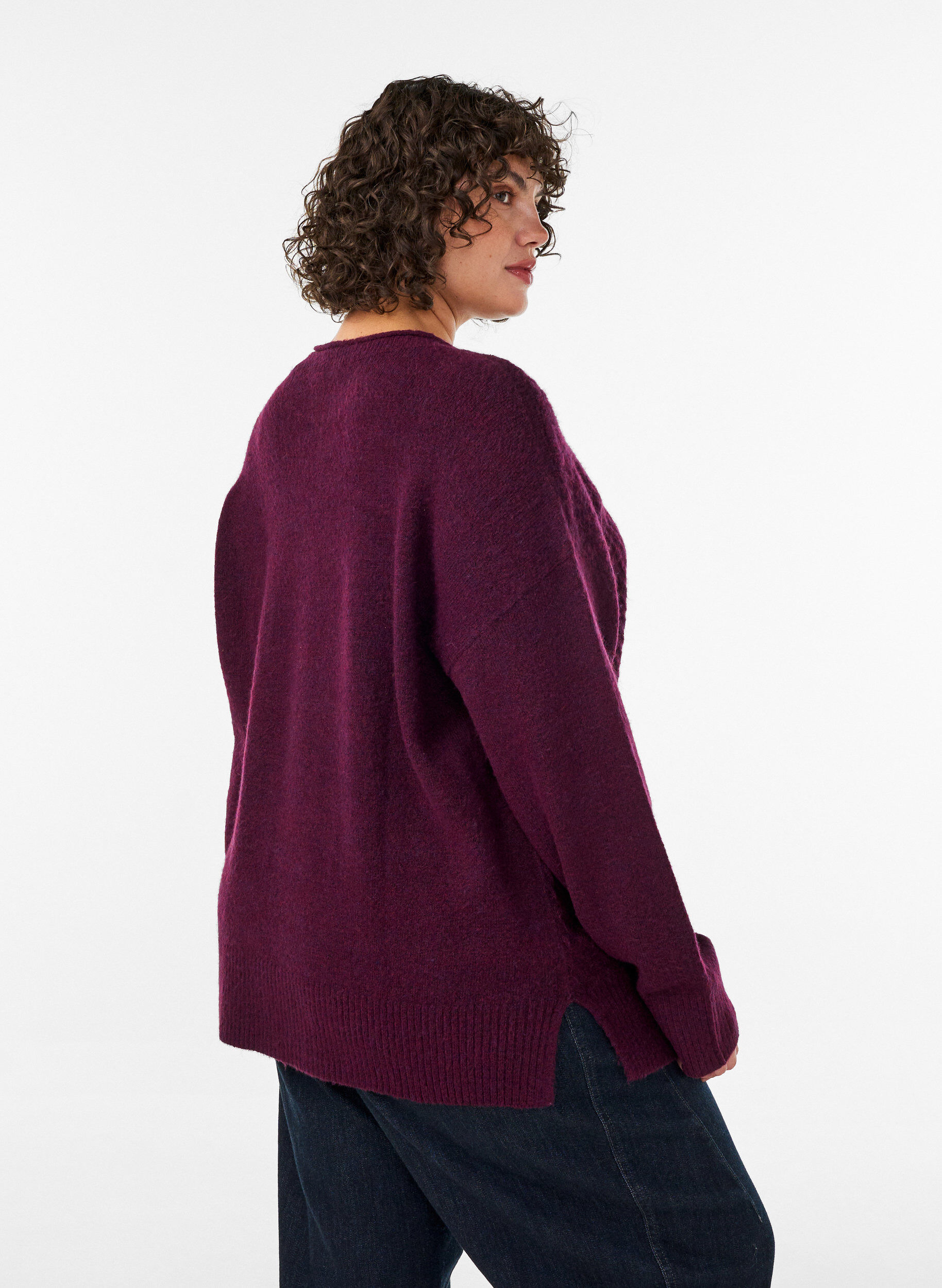 ZizziStickad blus med V-format ribbm&ouml;nster och slitsar, R&ouml;d, Model image number 2