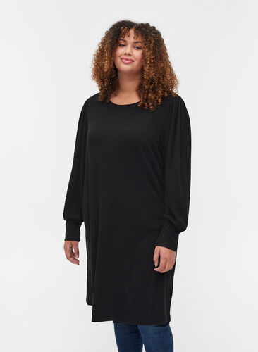 Enfärgad klänning med ballongärmar, Black, Model image number 0
