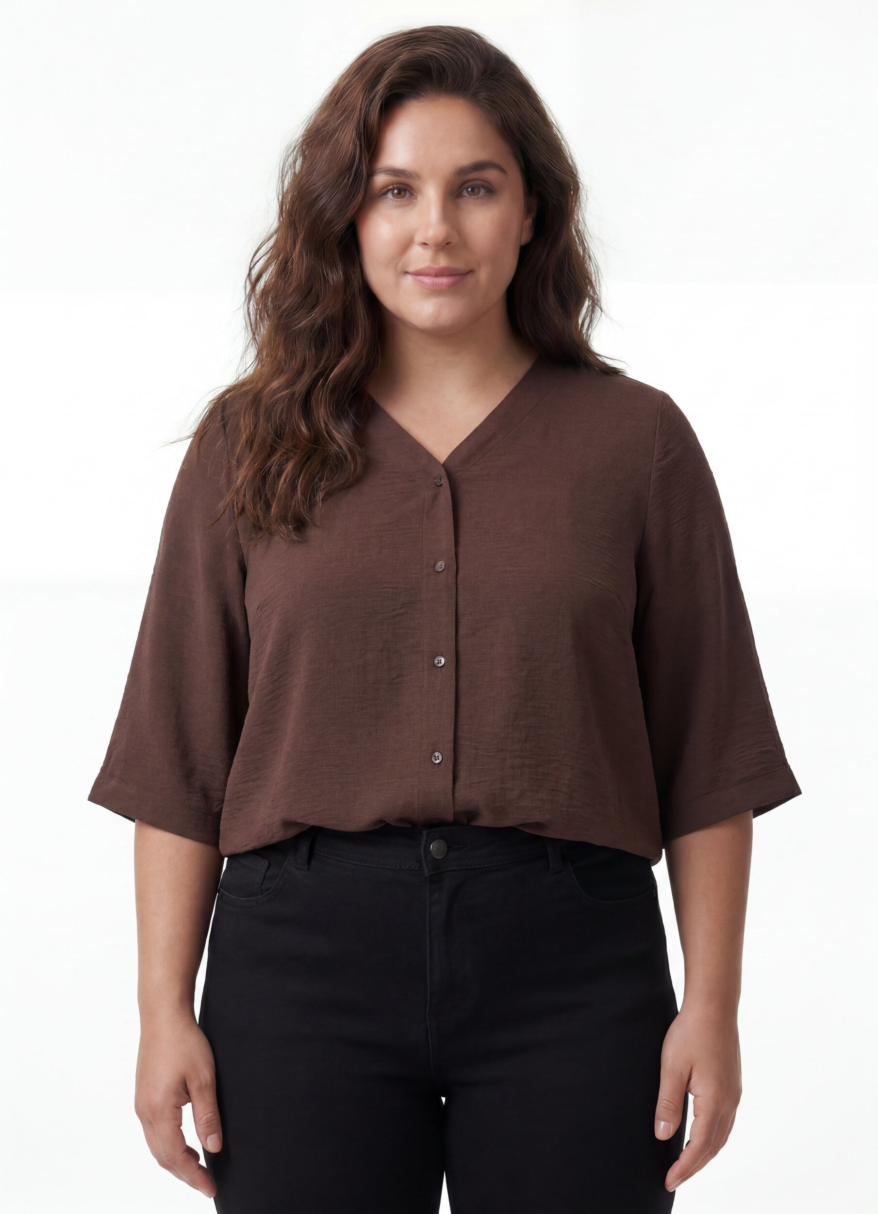 Skjortblus med v-ringning och 3/4-&auml;rm, Brun, Model