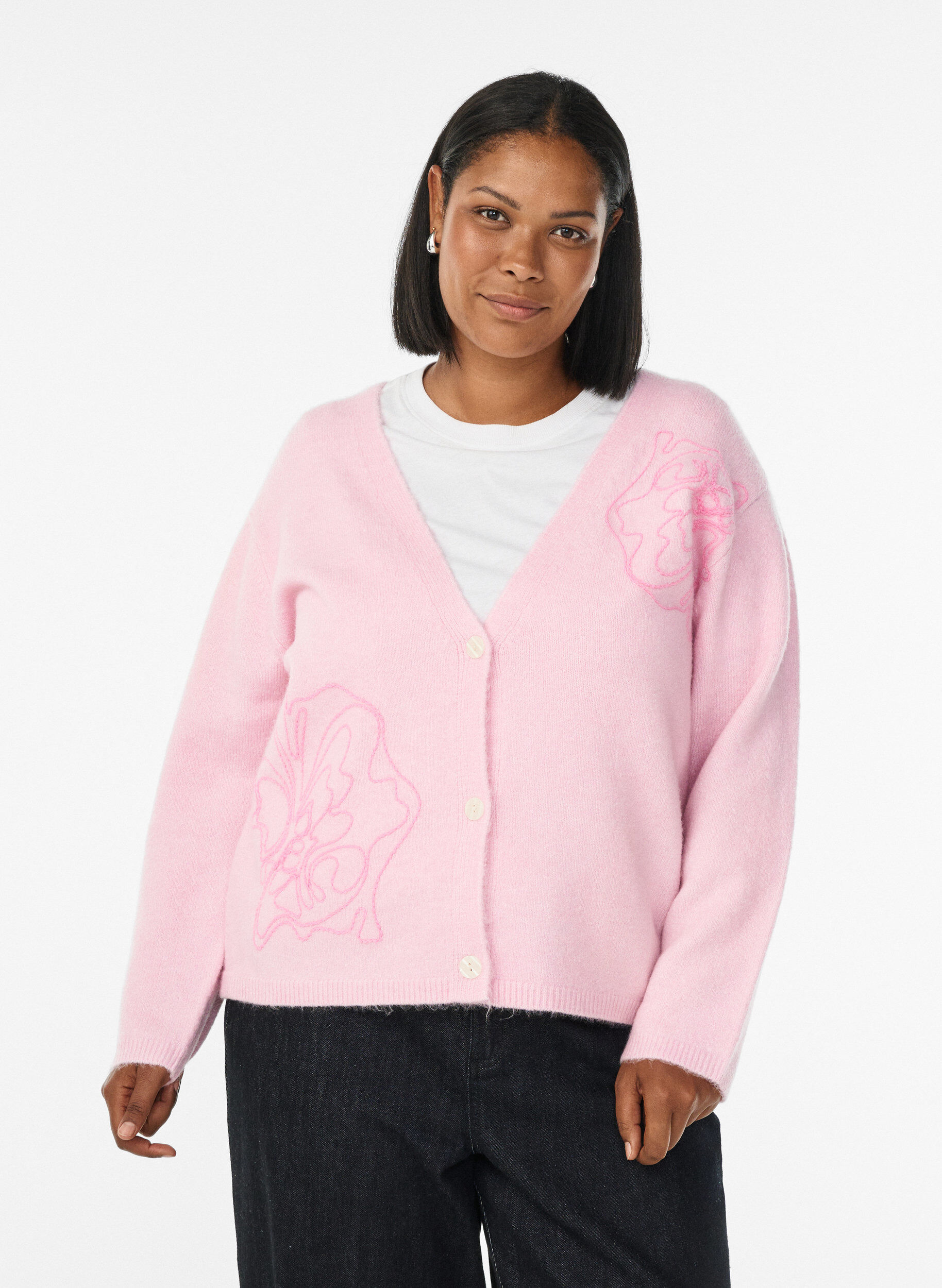 Cardigan med v-ringning och broderade blommor, Rosa, Model