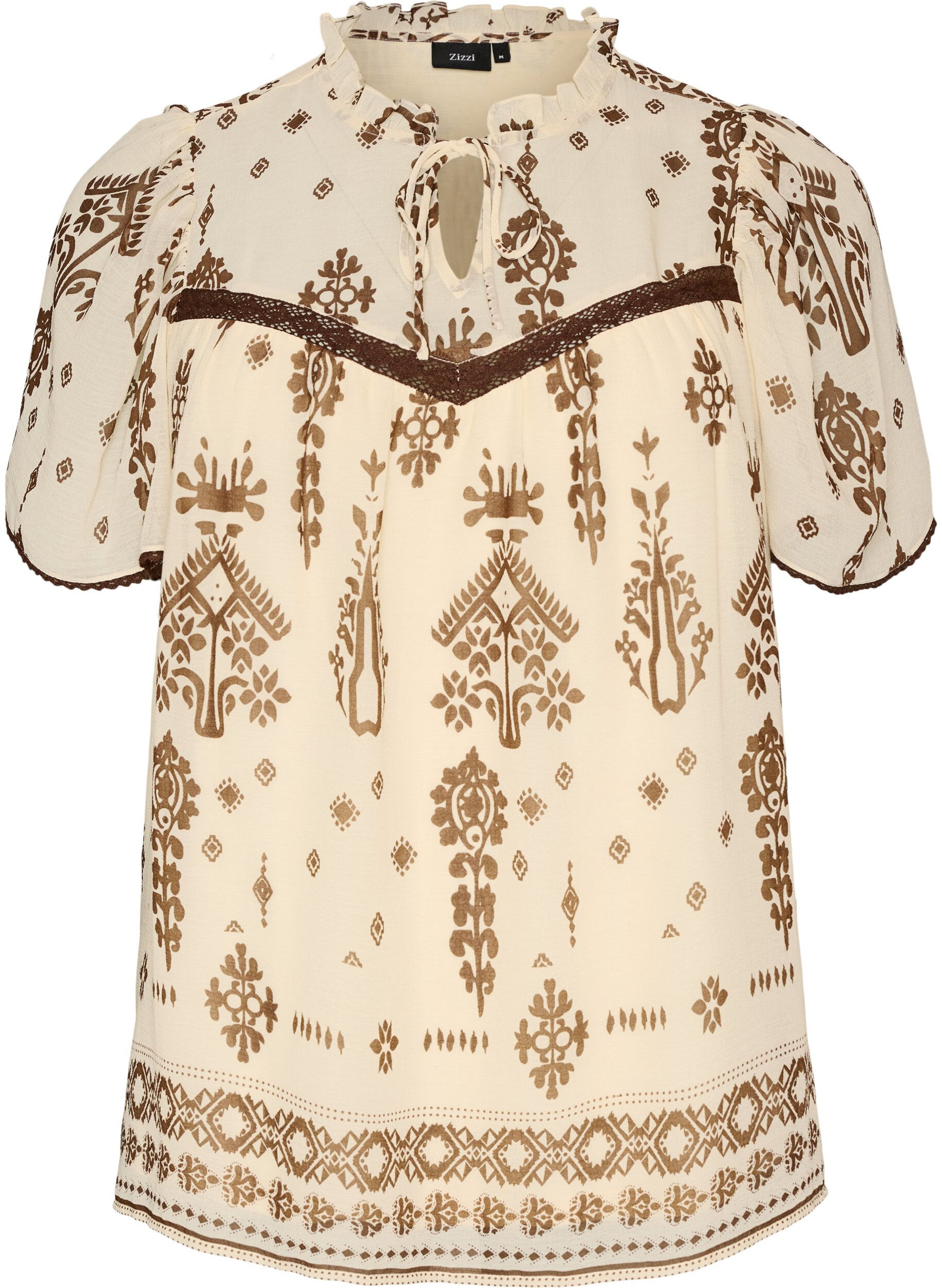ZizziBlus med m&ouml;nster och virkad kant, Beige, Packshot image number 0