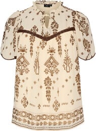 Blus med m&ouml;nster och virkad kant, Beige