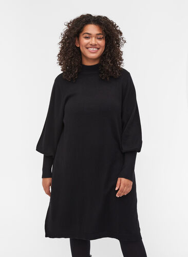 Stickad klänning med rund urringning och långa ärmar, Black, Model image number 0